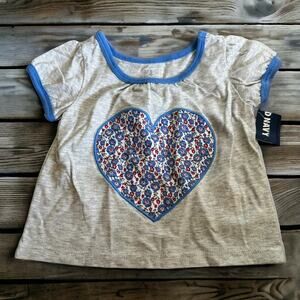 Old Navy Girls Top Sz 3-6 Mo Gray Blue Heart Floral Print‎ Applique Short Sleeve